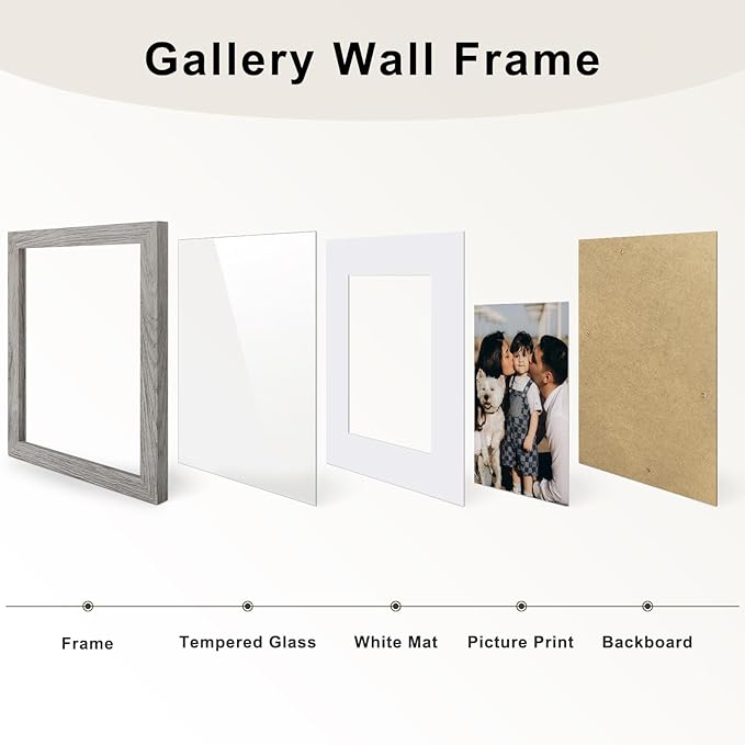 Frametory, Gallery Wall Frame Set of 7 Multiple Sizes 11x14, 8x10, 5x7 Picture Frame Collage with White Mat for Prints, with Real Glass (Grey)