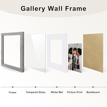 Frametory, Gallery Wall Frame Set of 7 Multiple Sizes 11x14, 8x10, 5x7 Picture Frame Collage with White Mat for Prints, with Real Glass (Grey)