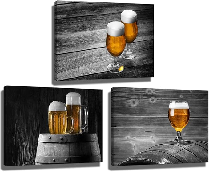 Derkymo Black and White Wall Art 12"x16"x3pcs Beer Pictures Print on Canvas Kitchen Wall Painting Contemporary Home Decor Artwork Gallery Wrapped Framed Ready to Hang