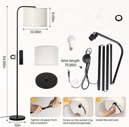 Remote Floor Lamp for Living Room and Bedroom - Modern RGB Standing Lamps Tall with Led Blub and Dimmable Light - Black Arc Room Lights with Shade for Home Decor Office Corner and Reading ( Black+RGB)