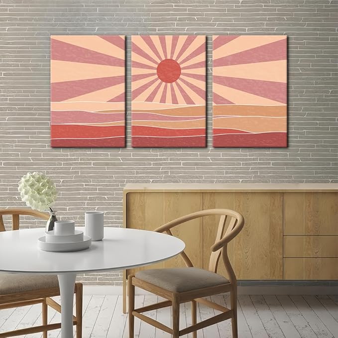 Pacimo 3 Pieces Boho Canvas Wall Art - Framed Canvas Wall Art Prints Sun Rising on the Sea Design - Modern Artwork for Home Decor, Neutral Boho Wall Decor for Living Room Bedroom Office - 16"x24"x3