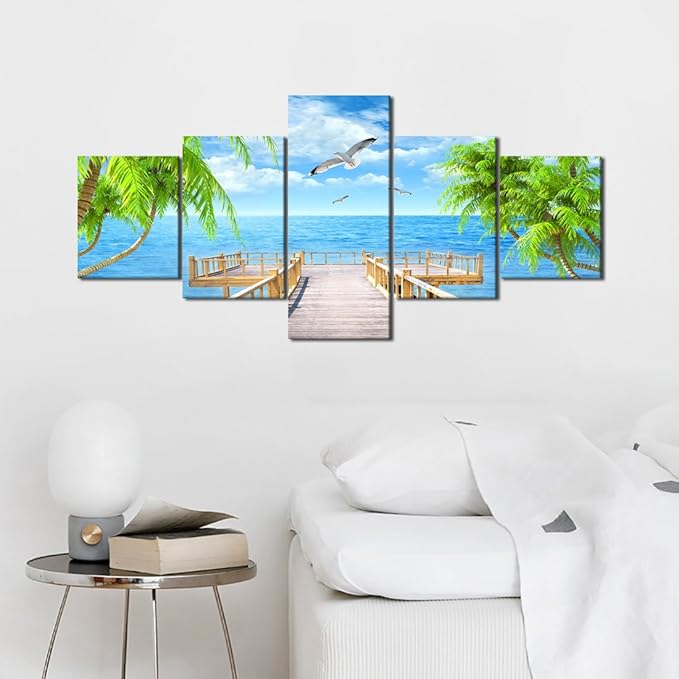 Landscape Seagulls Palm Scene Picture Modern Painting on Canvas 5 Panels Framed Wall Art for Living Room Bedroom Kitchen Home Decor Stretched Gallery Canvas Wrap Giclee Print (50’’W x 24’’H)