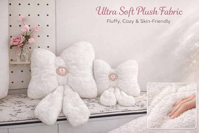 White Bow Pillow 16x12 Inch, Cute Plush Bow Shaped Decorative Accent Pillow, Coquette Room Decor for Teen Girls Bedroom Bed Sofa Chair