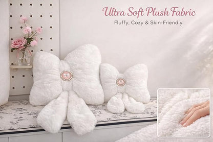 White Bow Pillow 16x12 Inch, Cute Plush Bow Shaped Decorative Accent Pillow, Coquette Room Decor for Teen Girls Bedroom Bed Sofa Chair
