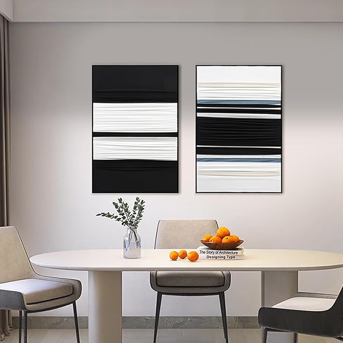 Textured Abstract Fabric Wall Art 3D Canvas Black and White Decor - Dimensional Minimalist Drape Modern Contemporary Living Room Bedroom Office Decor, Framed Set of 2-24"x36" Each - Ready to Hang