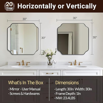 ANDY STAR 30x30 Inch Square Mirror, Matte Black Vanity Mirror, Modern Scalloped Bathroom Mirror in Premium Stainless Steel Metal Thin Frame, Unique Rounded Notched Corners