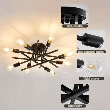 ASGYISA 8-Lights Semi Flush Mount Ceiling Light Fixture，Modern Black Vintage Metal Sputnik Chandelier， Ceiling Lamp for Bedroom Kitchen Dining Room Living Room with E26 Bulb Base