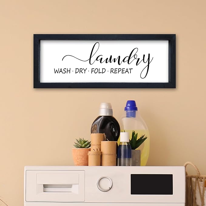 Laundry Room Wall Decor Sign 16"×6" Bathroom Laundry Rules Wash Dry Fold Repeat Small Wood Framed Wall Hanging Art (Black)