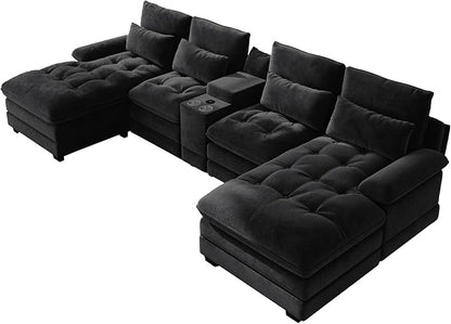 134"U Shaped Sectional Couches for Living Room,Oversized Modular Sectional Fluffy Couch with Chaise Lounge & Tufted Buttons,Modern Chenille 6 Seat Living Room Sofa Set with Storage Console,Black