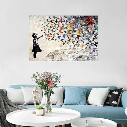Banksy Wall Art Graffiti Street Giclee Canvas Paintings Poster and Prints Kid Wall Pictures girl Figure Street Picture Artwork Modern Framed Art for Home Wall Decor 24”Wx36”H