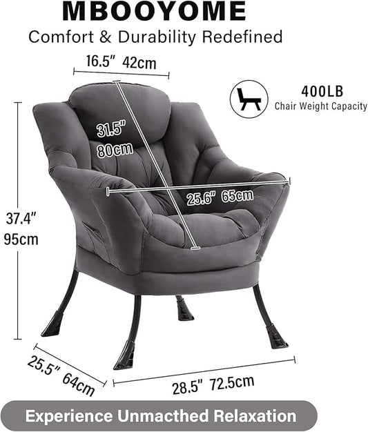 MBOOYOME Lazy Chair, Modern Accent Chair with Armrests, Side Pocket & Metal Frame, Comfy Leisure Chair for Living Room, Bedroom, Dorm & Office, Dark Grey