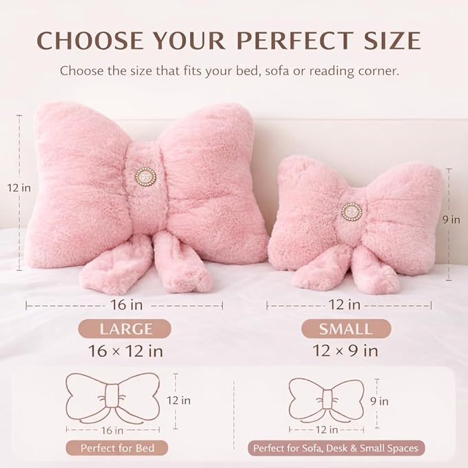 Pink Bow Pillow 16x12 Inch, Cute Plush Bow Shaped Decorative Accent Pillow, Coquette Room Decor for Teen Girls Bedroom Bed Sofa Chair