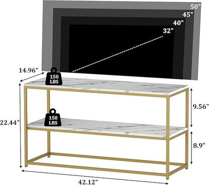 Function Home TV Stand for TVs up to 50 Inch, 2 Tier Entertainment Center, Modern TV Cabinet with Marble Top and Gold Metal Base, 42" Media Console Table with Storage for Living Room Bedroom