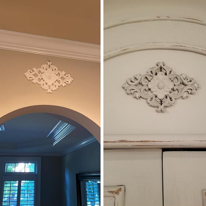 Wood Carved Appliques, 2Pcs Wooden Decorative Onlays, MUXSAM Unpainted Furniture Center Decals for Cabinet Dresser Bed Door Wall Wardrobe Ceiling Decoration Home DIY Project, 25x15cm/9.84"x5.9"