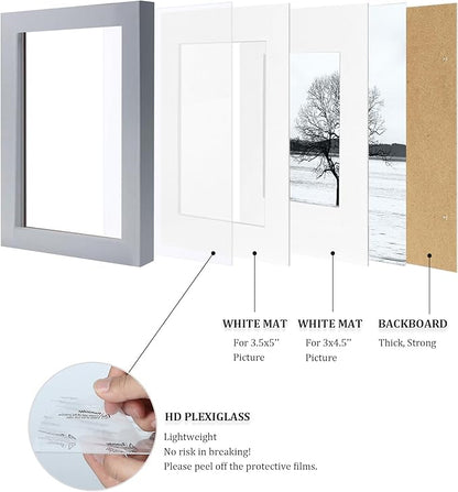 Egofine 4x6 Picture Frames Set of 4, Made of Solid Wood Covered by Plexiglass 3x4.5 and 3.5x5 with Mat or 4x6 without Mat, for Table Top Display and Wall Mounting Photo Frame, Light Grey