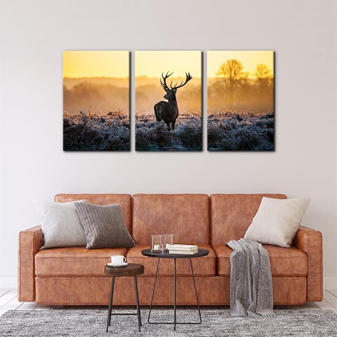Pacimo Canvas Print Wall Art 3 Pieces Set Deer in Golden Light at Dawn Nature Wilderness Photography Realism Rustic Scenic Relax/Calm Multicolor for Living Room Bedroom Office Decor - 16"x24"x3 Panels
