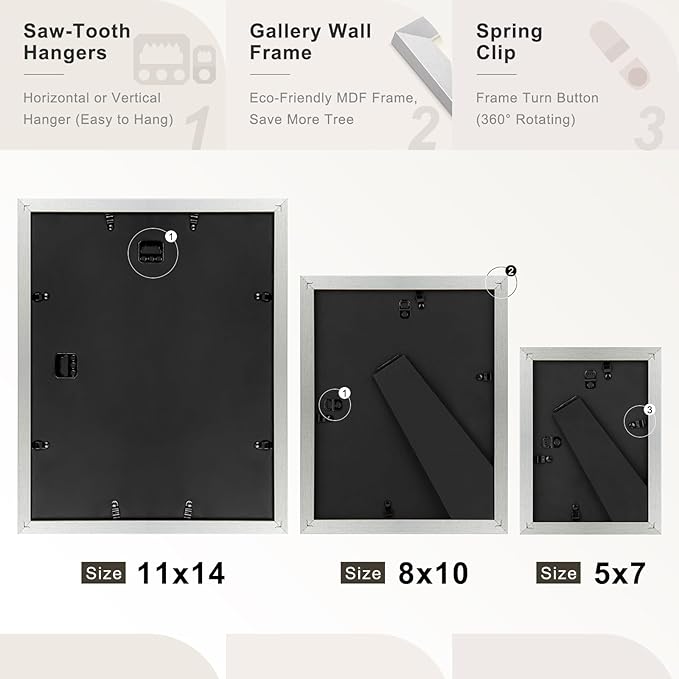 Frametory, Gallery Wall Frame Set of 7 Multiple Sizes 11x14, 8x10, 5x7 Picture Frame Collage with Ivory Color Mat for Prints, with Real Glass (Silver)