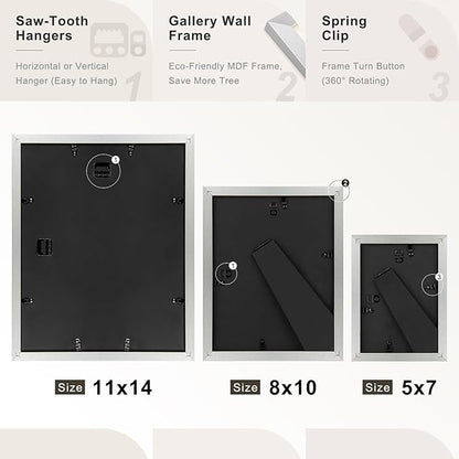 Frametory, Gallery Wall Frame Set of 7 Multiple Sizes 11x14, 8x10, 5x7 Picture Frame Collage with Ivory Color Mat for Prints, with Real Glass (Silver)