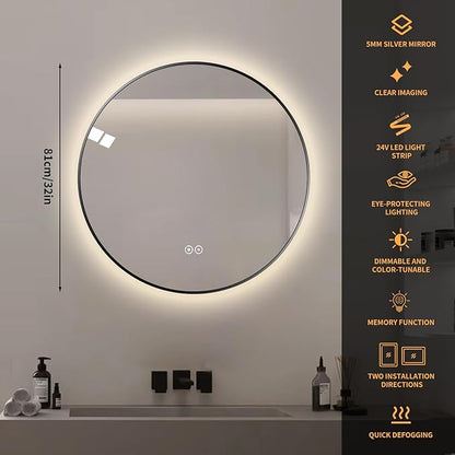 Round LED Bathroom Mirror with Gold Frame, 24V Backlight, 3 Color Temperatures, Dimmable, Memory Function, Defogging (Black Border, 32" L x 32" W)