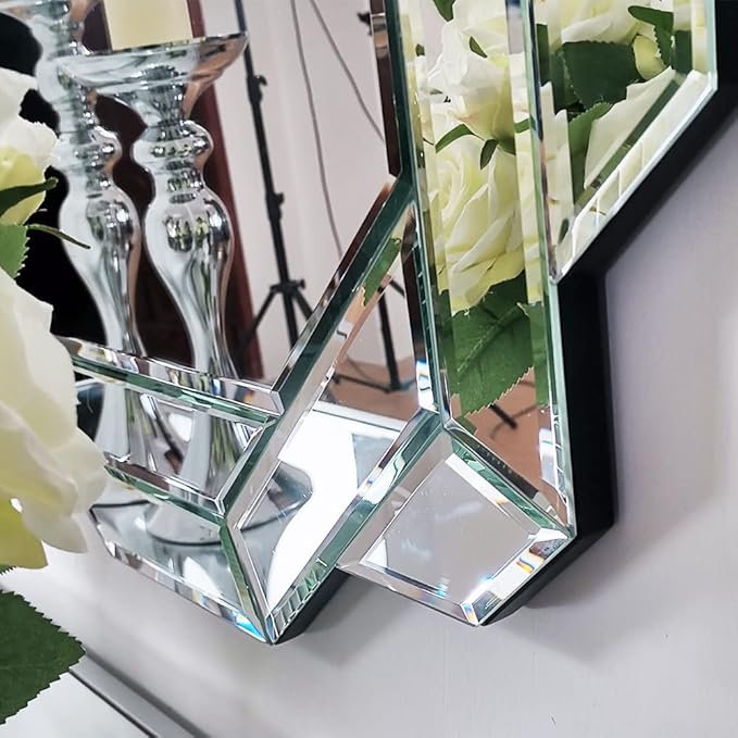 Chende Decorative Wall Mirror with Mirrored Frame, 36" x 24" Octagonal Mirror with Beveled Edge and Glass Pieces for Living Room, Bathroom, Bedroom, Dining Room, Hallway, Unique Design