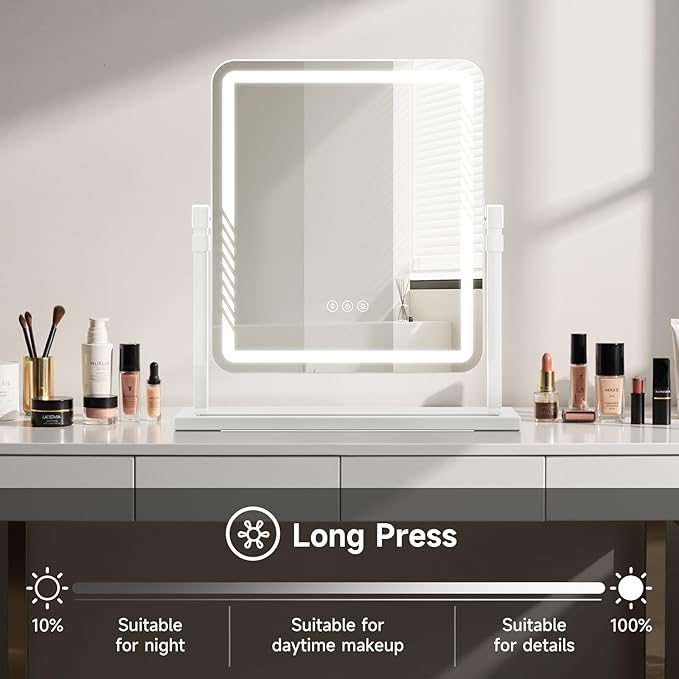 Makeup Mirror with Lights, Height-Adjustable & 360° Rotation, 1/10X Magnification, Three Color Lighting Modes, Vanity Mirror Smart Touch Control, Large Vanity Desk Mirror (17.5in,White)