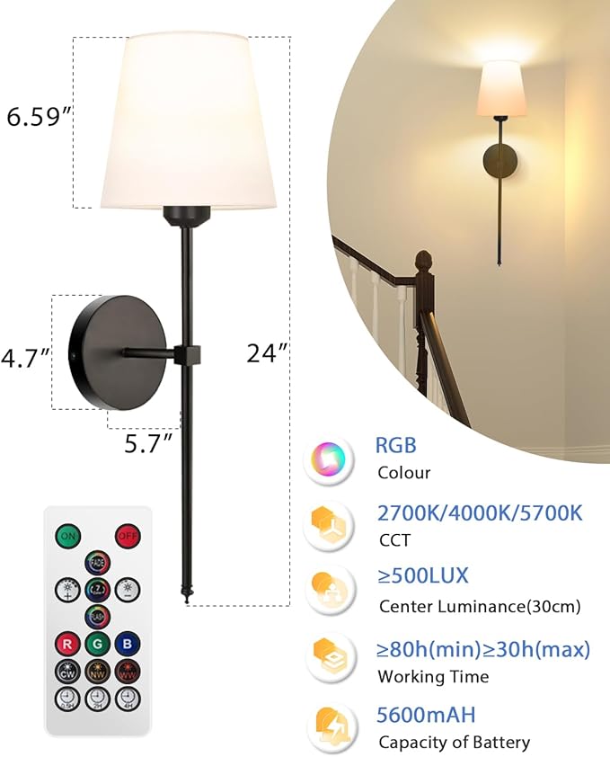 Adetu Wall Sconces Set of Two, Battery Operated Wall Sconce with RGB Dimmable Magnetic Bulbs and Remote, Rechargeable Wall Lights for Bedroom Living Room Hallway Decor