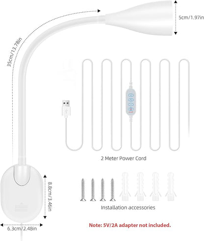 LiFMIRA Wall-Mounted LED Bedside Reading Light with USB Charging Port, 10-Level Dimmable & Adjustable 5 Color, Plug-in Adhesive Night Lamp for Books in Bed, Eye-Caring Bedroom Lighting (White)