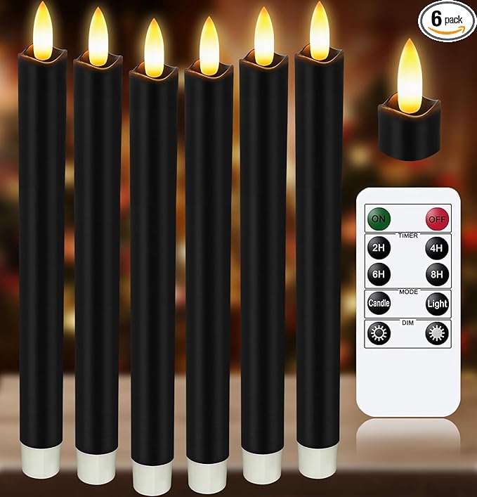 Upgraded Real Wax LED Flameless Black Taper Candles with Remote, KSWING 6 PCS Candlesticks Battery Operated 3D Flickering - 9.6" Long Realistic Fake Candle Sticks for Home/Wedding/Fireplace Xmas Decor