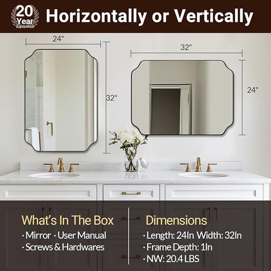 ANDY STAR Brushed Bronze Scalloped Mirror, 24"x32" Bathroom Vanity Mirror, Unique Rectangular Bathroom Mirror with Stainless Steel Metal Framed, Wall Mounted Decorative Mirror (Horizontal/Vertical)
