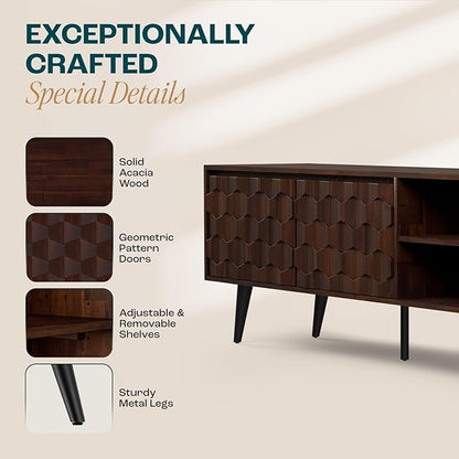 Bme Georgina 65 Inch Solid Wood TV Stand, Under 10 Minutes Assembly Entertainment Center with Storage, Geometric Pattern TV Console for Living Room, Bedroom, Dinning Room - Walnut