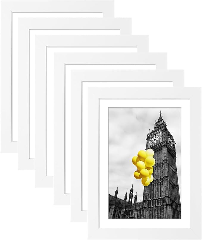 5x7 Picture Frame Set of 6, Display 4x6 with Mat or 5x7 Without Mat, Photo Frames for Wall Mounting or Table Top Display,Collage Wall Decor Gallery Wall Frame Set,White