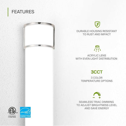 ASD LED 36" Vanity Flush Mount Light Fixture, Linear Bathroom Lighting Bar | 3CCT, Dimmable, Energy Star, ETL Listed | 30W 2650LM 3000-5000K 120V | Long Tube Bath Wall Sconce Over Mirror | Nickel