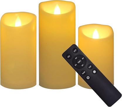 CANDLE CHOICE Outdoor Battery-Operated Flameless Candles with Remote Timer Waterproof Flickering Plastic Electric LED Pillar Lights for Lantern Patio Garden Wedding Halloween Christmas 3x5,6,7” 3 Pack