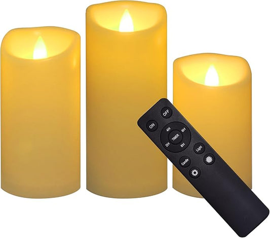 CANDLE CHOICE Outdoor Battery-Operated Flameless Candles with Remote Timer Waterproof Flickering Plastic Electric LED Pillar Lights for Lantern Patio Garden Wedding Halloween Christmas 3x5,6,7” 3 Pack
