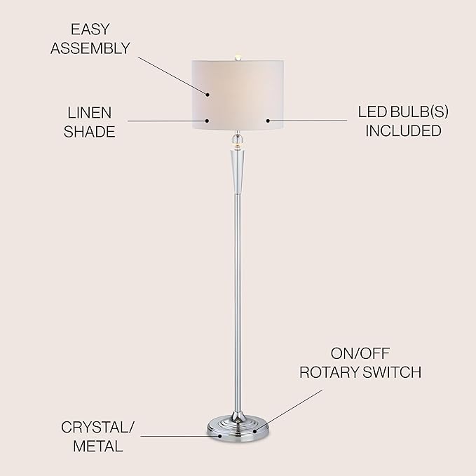 JONATHAN Y 59.5" Crystal and Chrome LED Floor Lamp, Modern Glam Column Standing Lamp with White Linen Drum Shade for Living Room, Bedroom, LED Bulb Included, UL Listed JYL2022A