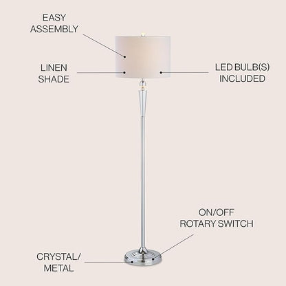 JONATHAN Y 59.5" Crystal and Chrome LED Floor Lamp, Modern Glam Column Standing Lamp with White Linen Drum Shade for Living Room, Bedroom, LED Bulb Included, UL Listed JYL2022A