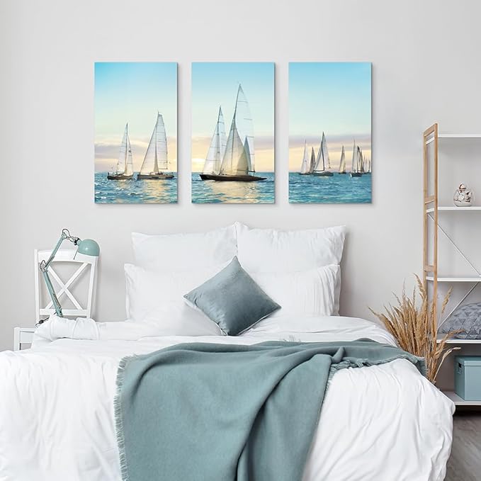 Hardy Gallery sailboat wall art coastal pictures: nautical wall decor sailing artwork blue ocean print in canvas painting for living room 20" x 34" x 3 panels