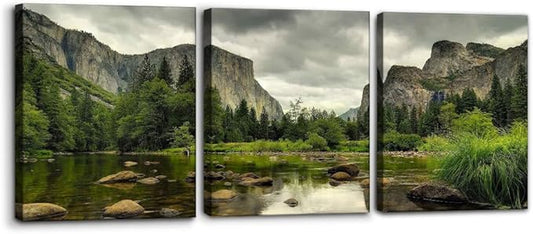 Yosemite National Park Canvas Wall Art Decor 3 Pieces Landscape Wall Art Clear Water Lake Mountain Pictures Painting Prints on Canvas Modern Decoration Stretched Framed Ready to Hang - 12"x16"x3 Panel