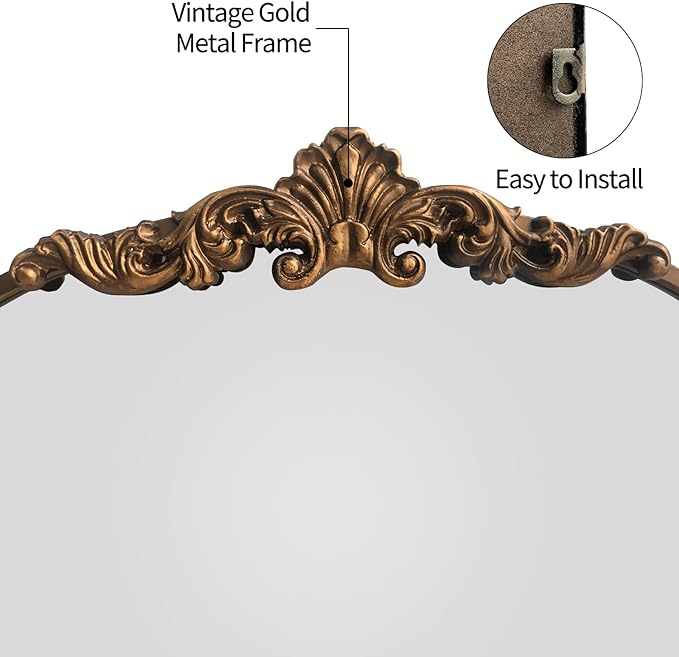 WAMIRRO Arched Gold Mirror,Gold Traditional Vintage Ornate Baroque Mirror,Antique Brass Mirrors,Wall Mounted Mirrors for Entryway/Fireplace/Living Room/Hallway/Bathroom.36“X24”Gold