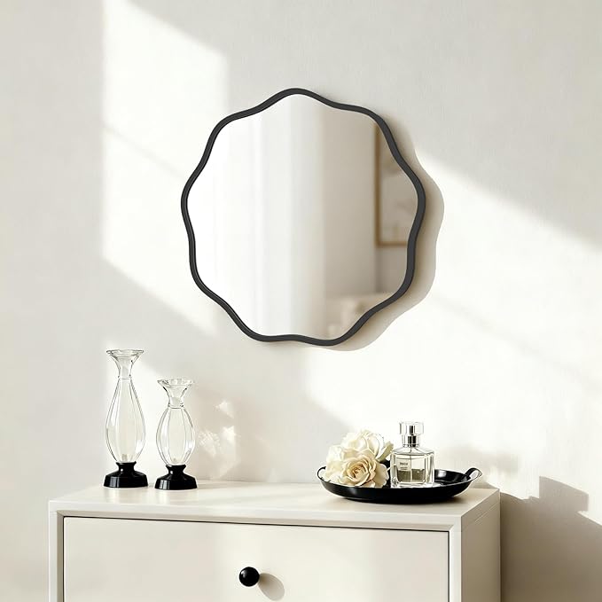 HOMECOOKIN 20" Wavy Round Wall Mirror, Black Scalloped Circle Mirror Edge Round with Metal Frame, Modern Decorative Hanging/Leaning Mirrors for Bathroom, Hotels, Hallway, Entryway, Vanity, Office
