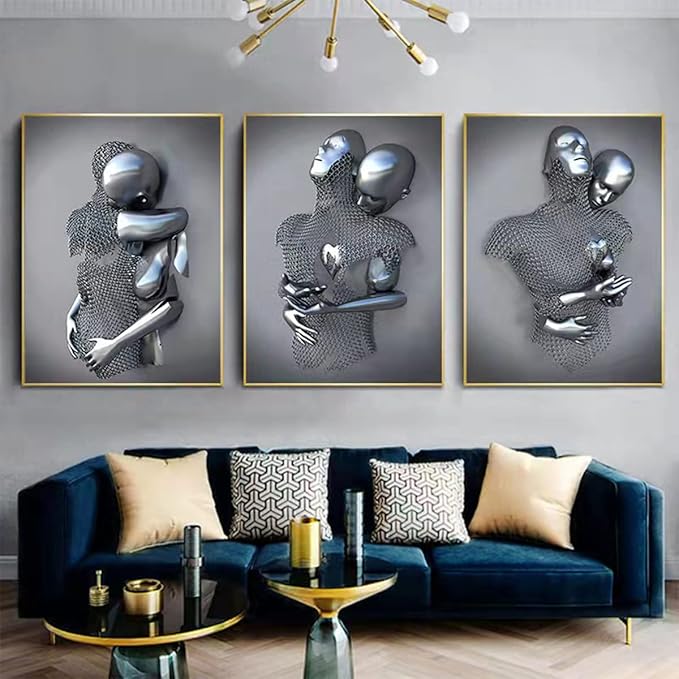 3D Wall Art Decor Artwork Figure Statue Modern Art Canvas Painting,Large Wall Art for Bathroom Bedroom Decoration (Hug Face to Face)