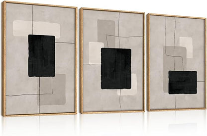 ANHUIB Modern Abstract Wall Art Canvas,Neutral Abstract Wall Art Framed,Contemporary Minimalist Prints,Geometric Line Artwork,3 Piece 24 * 36IN Mid Century Painting for Living Room Bedroom Office