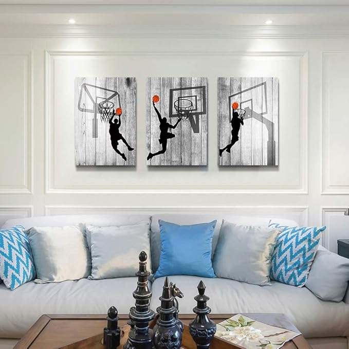 Black And White Canvas Wall Art For Living Room Bathroom And Bedroom Kitchen Wall Decor Artwork Canvas Prints Play Basketball Sport Painting 20" X 28"3 Piece Modern Framed Office Home Decorations
