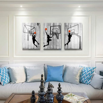Black And White Canvas Wall Art For Living Room Bathroom And Bedroom Kitchen Wall Decor Artwork Canvas Prints Play Basketball Sport Painting 20" X 28"3 Piece Modern Framed Office Home Decorations