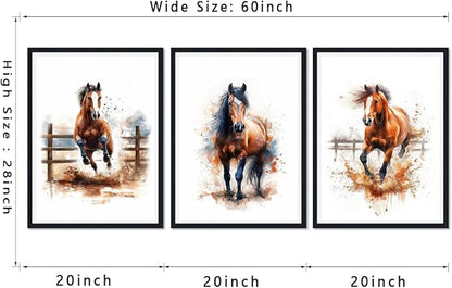 3 Pieces Watercolor Horse Framed Canvas Wall Art Equestrian Horse Picture Wall Decor for Farmhouse Modern Running Horses Print Artwork for Living Room Decoration Easy to Hand 16x24inchx3pcs