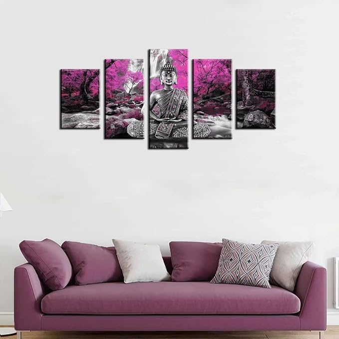 AWLXPHY Decor Buddha Waterfall Wall Art Canvas Painting Framed 5 Panels for Living Room Decoration Modern Landscape Buddha Trees Zen Stretched Artwork Giclee (Purple, 40"x20")