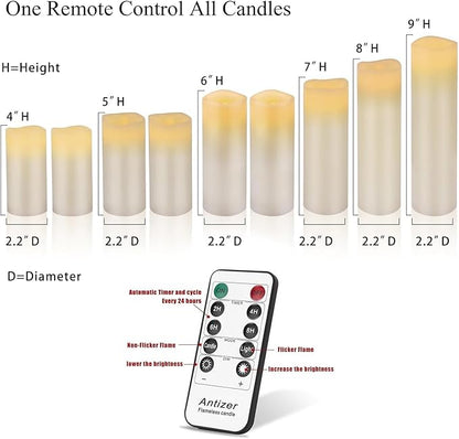 antizer Flameless Candles Led Candles Pack of 9 (H 4" 5" 6" 7" 8" 9" x D 2.2") Real Wax Battery Candles with Remote Timer for Home Fireplace Decor Wedding Festival Decor (Ivory 9 Pack)