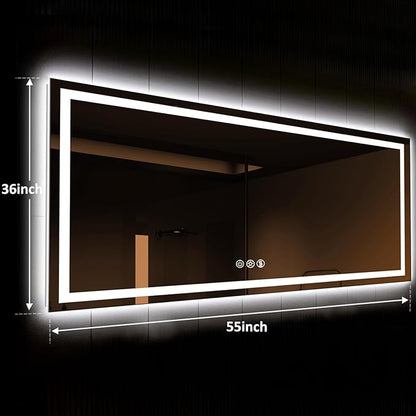 ROOMTEC 55x36 LED Bathroom Mirror with Lights, Vanity Mirror with Front and Backlight, Smart Dimmable Anti-Fog LED Mirror for Bathroom, Memory Function, Tempered Glass (Horizontal)