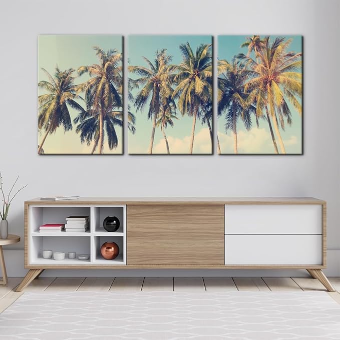 Pacimo Canvas Print Wall Art Set Row of California Palm Trees & Blue Sky Nature Wilderness Photography Realism Chic Scenic Seaside Landscape Pictures Giclee Artwork Stretched Framed - 20"x28"x3 Panels