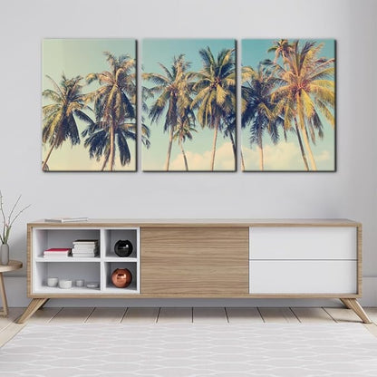 Pacimo Canvas Print Wall Art Set Row of California Palm Trees & Blue Sky Nature Wilderness Photography Realism Chic Scenic Seaside Landscape Pictures Giclee Artwork Stretched Framed - 20"x28"x3 Panels